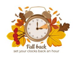 Clock in the center of fall leaves.